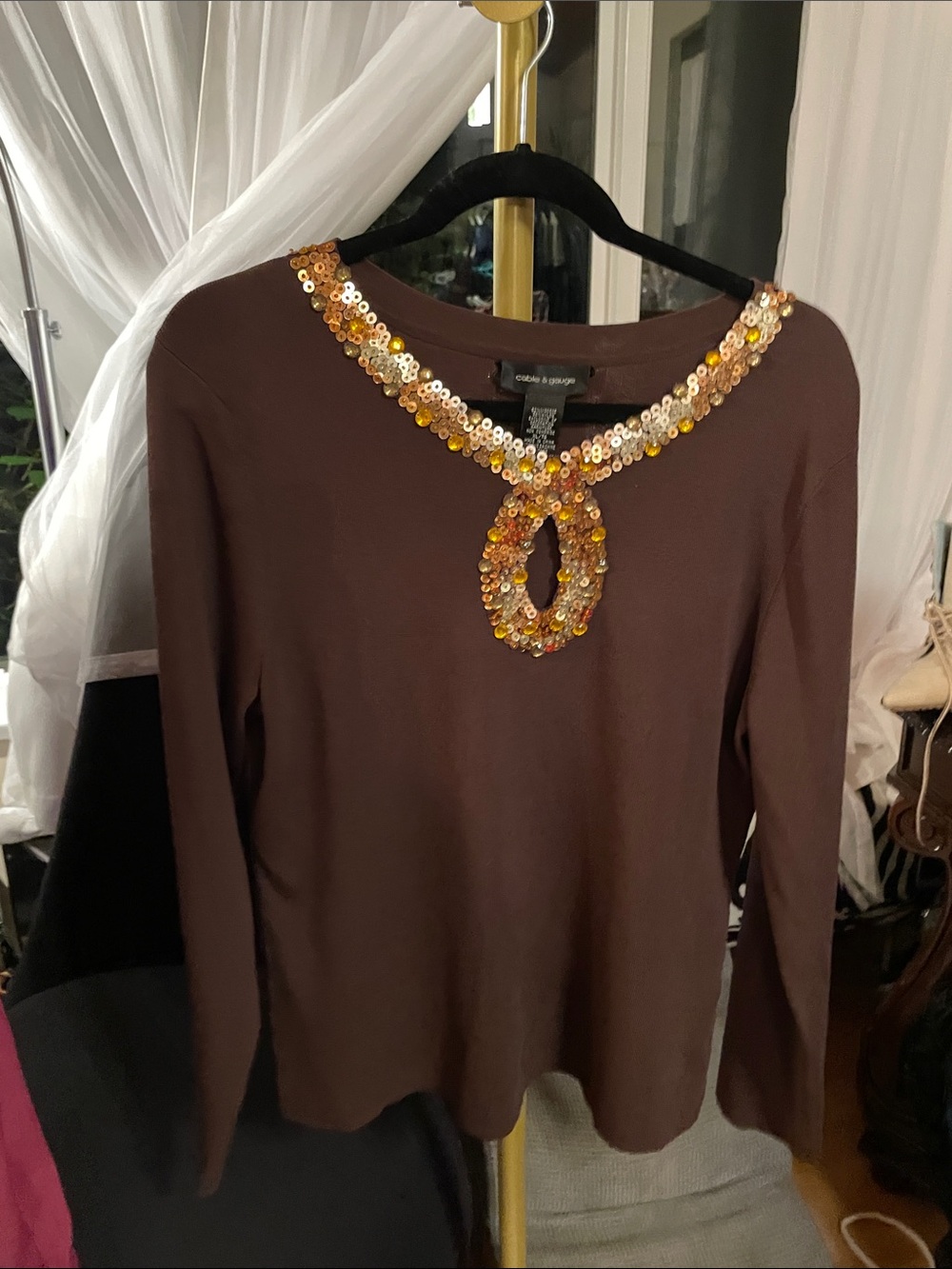 Cable & Gauge Brown Long-Sleeve Top with Gold Sequin Necklace Detail